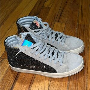 P448 Glitter & Suede High Top Sneakers, Size 39